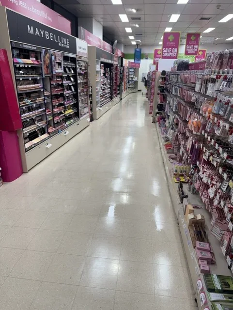 Cosmetics aisle with Maybelline display inside Priceline Pharmacy Pinewood